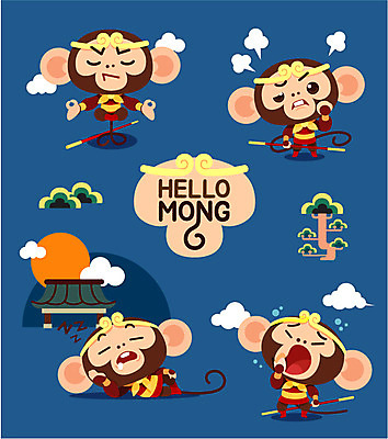 나무 구름 캐릭터 여러마리 일러스트 사람없음 세트 태양 분노 원숭이띠 원숭이 막대기 졸음 명상 하품 원숭이캐릭터 손오공 일러캐릭터 AI파일 자연요소 식물 감정 동물캐릭터 다수 포유류 십이지신 생리현상 파일형식 벡터