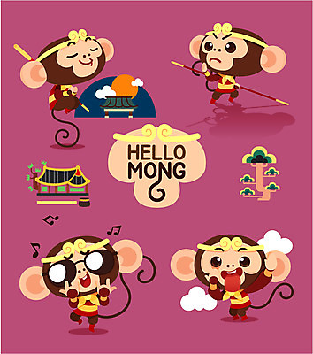 나무 구름 캐릭터 음표 여러마리 일러스트 사람없음 세트 선글라스 태양 원숭이띠 원숭이 막대기 메롱 원숭이캐릭터 손오공 일러캐릭터 AI파일 자연요소 식물 기호 안경 음악 동물캐릭터 다수 포유류 모션 십이지신 파일형식 벡터