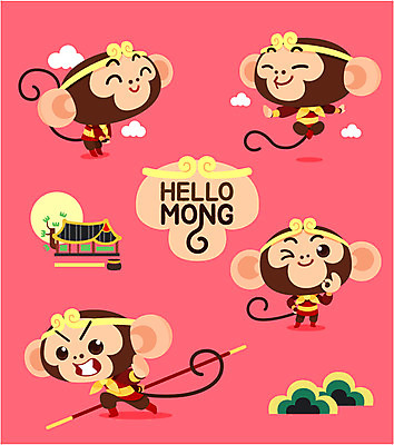 나무 구름 캐릭터 여러마리 일러스트 사람없음 세트 원숭이띠 원숭이 막대기 OK 원숭이캐릭터 손오공 일러캐릭터 AI파일 자연요소 식물 동물캐릭터 다수 포유류 손짓 십이지신 파일형식 벡터