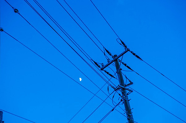 포토 JPG 주간 로우앵글 하늘 풍경 사람없음 야외 도시풍경 일본 전선 도시 전봇대 반달 국내포토 자연요소 공공시설 아시아 뷰포인트 달 파일형식