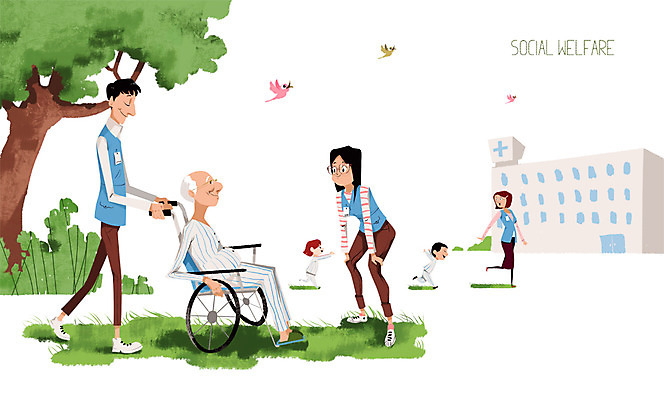 PSD 나무 여자 노년 남자 어린이 캠페인 일러스트 조류 병원 사람 여러명 성인 야외 환자 봉사 도움 사회복지 복지 휠체어 국내일러스트 식물 동물 다수 컨셉 의학 사회이슈 파일형식