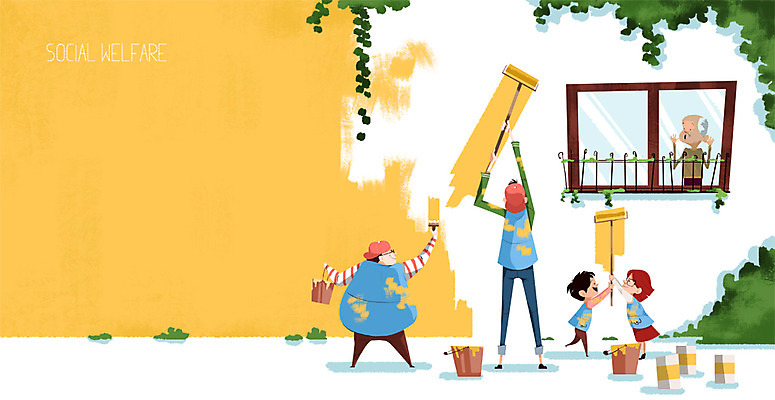 PSD 여자 노년 남자 어린이 캠페인 일러스트 창문 사람 성인 야외 건물 페인트 봉사 도움 페인트칠 사회복지 복지 페인트통 페인트붓 페인트롤러 국내일러스트 건축물 컨셉 페인팅 통 붓 사회이슈 파일형식