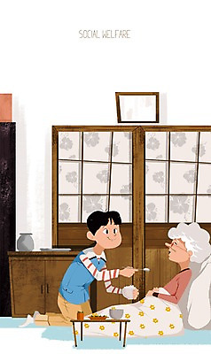 PSD 여자 노년 어린이 캠페인 일러스트 밥 실내 사람 두명 문 식사 이불 방 봉사 도움 사회복지 복지 국내일러스트 음식 컨셉 침구 성인 내부 사회이슈 파일형식