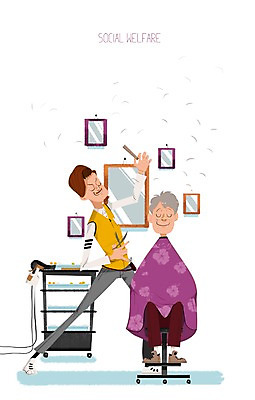 PSD 노년 남자 캠페인 액자 일러스트 가위 사람 성인 두명 머리빗 봉사 도움 드라이어 미용사 이발 사회복지 복지 가위질 국내일러스트 직업 컨셉 문구용품 가위_도구 미용용품 사회이슈 파일형식