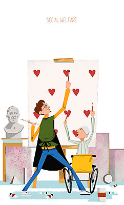 PSD 남자 어린이 캠페인 일러스트 미술 사람 성인 두명 물감 환자 하트 붓 봉사 도움 팔레트 사회복지 복지 이젤 휠체어 미술교육 국내일러스트 모양 교육 컨셉 의학 문화예술 미술도구 사회이슈 파일형식