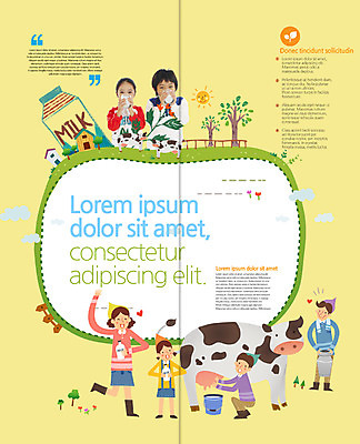 PSD 템플릿 편집 표지디자인 북디자인 출판디자인 여자 남자 내지 어린이 리플렛 2단접지 북커버 팜플렛 여러명 목장 한국인 우유 마시기 젖소 우유짜기 이미지템플릿 우유갑 다수 모션 유제품 사람 동양인 소 짜기 파일형식