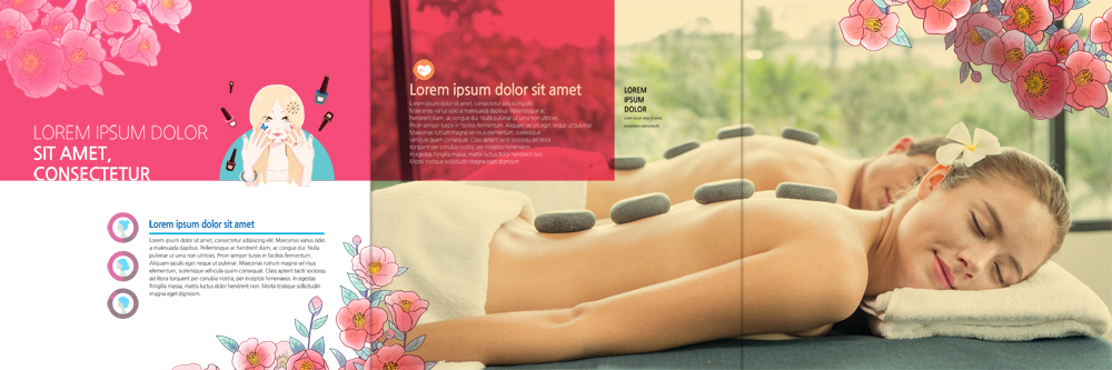 PSD 백인 템플릿 편집 표지디자인 북디자인 출판디자인 여자 남자 꽃 내지 엎드리기 리플렛 북커버 3단접지 팜플렛 상반신 20대 성인 세명 뷰티 스파 스톤마사지 이미지템플릿 서양인 식물 모션 사람 청년 마사지 파일형식