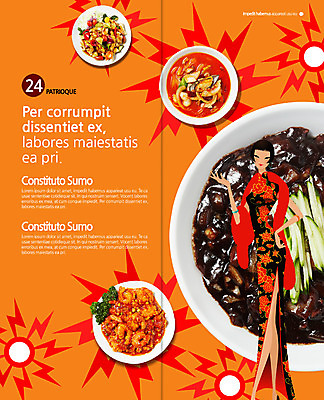 PSD 템플릿 편집 표지디자인 북디자인 출판디자인 여자 내지 리플렛 2단접지 북커버 한명 팜플렛 중식 짜장면 치파오 탕수육 짬뽕 깐쇼새우 이미지템플릿 1 음식 사람 전통의상 파일형식