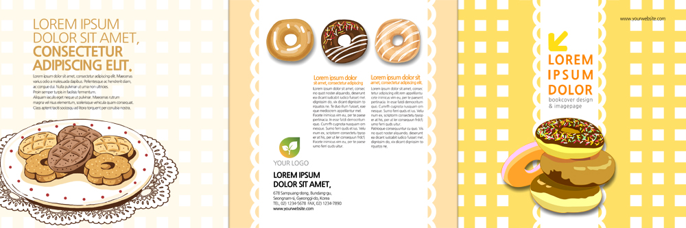 PSD 템플릿 편집 표지디자인 북디자인 출판디자인 표지 리플렛 북커버 3단접지 디저트 종류 팜플렛 사람없음 쿠키 도넛 체크무늬 이미지템플릿 음식 무늬 파일형식