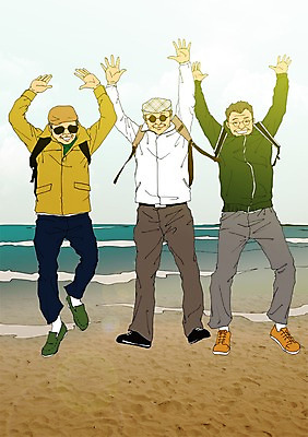 주간 전신 PSD 모자 할아버지 노년 남자 바다 여행 일러스트 배낭 해변 야외 세명 실버라이프 청춘 선글라스 점프 열정 활기 국내일러스트 자연요소 라이프스타일 잡화 감정 안경 컨셉 가방 모션 사람 성인 파일형식