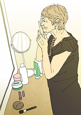 PSD 여자 노년 할머니 일러스트 실내 관리 한명 실버라이프 청춘 뷰티 화장품 거울 열정 활기 국내일러스트 1 라이프스타일 감정 컨셉 사람 성인 내부 파일형식