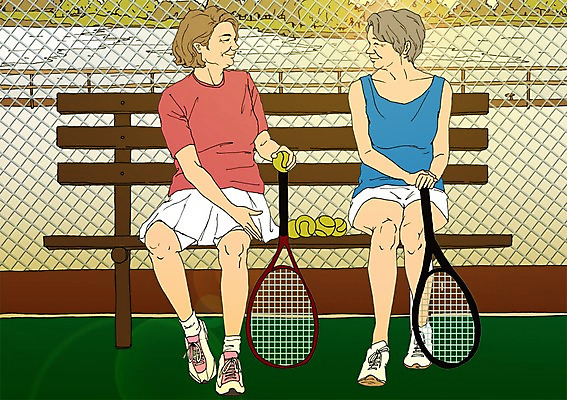 주간 전신 PSD 여자 노년 할머니 벤치 일러스트 앉기 야외 두명 실버라이프 청춘 테니스 테니스라켓 테니스장 테니스공 열정 활기 국내일러스트 자연요소 라이프스타일 감정 컨셉 의자 공 스포츠시설 모션 사람 성인 구기 라켓 테니스용품 파일형식