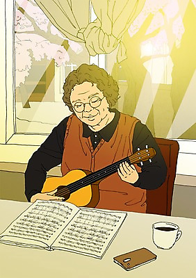 PSD 여자 노년 할머니 연주 일러스트 창문 실내 한명 실버라이프 스마트폰 청춘 커튼 커피잔 우쿨렐레 연습 책상 악보 열정 활기 안경낌 국내일러스트 1 라이프스타일 감정 안경 커피 음악 가구 컨셉 현악기 잔 사람 성인 내부 핸드폰 스마트기기 파일형식