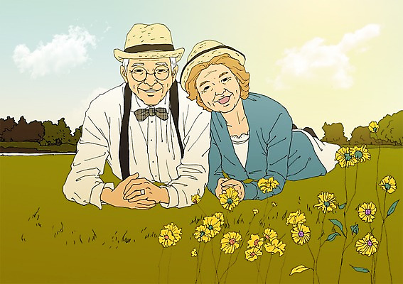 주간 PSD 모자 커플 공원 여자 할아버지 노년 남자 꽃 할머니 엎드리기 일러스트 나비넥타이 초원 야외 두명 실버라이프 청춘 노부부 열정 활기 국내일러스트 자연요소 식물 라이프스타일 부부 잡화 공공시설 감정 컨셉 관계 모션 넥타이 사람 성인 파일형식