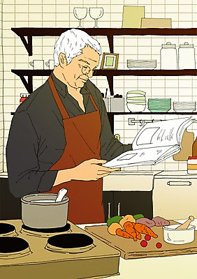 PSD 할아버지 노년 남자 채소 일러스트 선반 도마 실내 요리 한명 실버라이프 청춘 주방 앞치마 냄비 열정 활기 요리책 음식준비 안경낌 국내일러스트 1 라이프스타일 감정 안경 가구 컨셉 주방용품 사람 성인 내부 책 솥 준비 파일형식