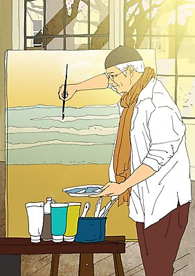 PSD 모자 할아버지 노년 남자 일러스트 창문 실내 한명 실버라이프 청춘 목도리 물감 붓 그리기 팔레트 이젤 열정 화가 활기 안경낌 국내일러스트 직업 1 라이프스타일 잡화 감정 안경 컨셉 모션 사람 성인 내부 미술도구 파일형식