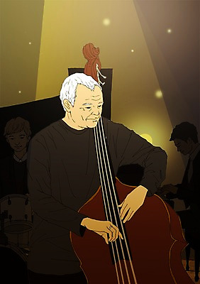 PSD 할아버지 노년 남자 일러스트 조명 실내 성인 세명 실버라이프 청춘 공연 열정 활기 연주회 콘트라베이스 콘트라베이시스트 국내일러스트 라이프스타일 감정 컨셉 현악기 사람 이벤트 내부 연주자 음악회 파일형식