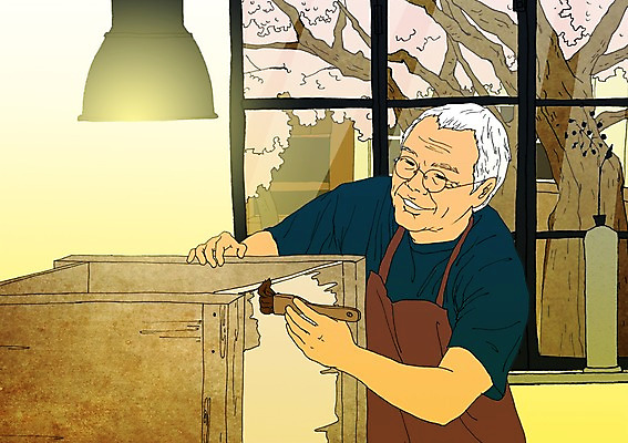 PSD 할아버지 노년 남자 가구 일러스트 창문 조명 실내 한명 실버라이프 청춘 앞치마 붓 칠 열정 활기 가구공방 안경낌 국내일러스트 1 라이프스타일 감정 안경 생활용품 컨셉 사람 성인 내부 작업실 공예 파일형식