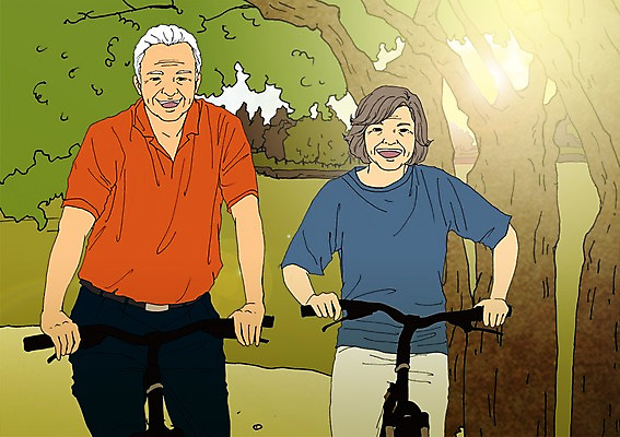 주간 PSD 나무 커플 공원 여자 할아버지 노년 남자 할머니 일러스트 야외 두명 실버라이프 청춘 자전거 노부부 열정 활기 국내일러스트 자연요소 식물 라이프스타일 부부 공공시설 감정 컨셉 관계 사람 성인 바이크 파일형식