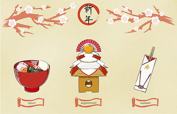 꽃잎 일본문화 일러스트 젓가락 새해 사람없음 매화 일본전통 오조우니 카가미모치 국내일러스트 AI파일 동양문화 전통 꽃 외국문화 떡 수저 일본 일본음식 파일형식 벡터