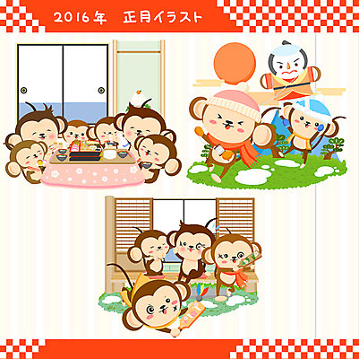 동물 일러스트 근하신년 새해 사람없음 세트 태양 원숭이띠 원숭이 연날리기 원숭이캐릭터 2016년 코타츠 일본음식 병신년 하네츠키 국내일러스트 AI파일 자연요소 음식 동물캐릭터 포유류 전통놀이 십이지신 연도 일본전통 난방용품 파일형식 벡터