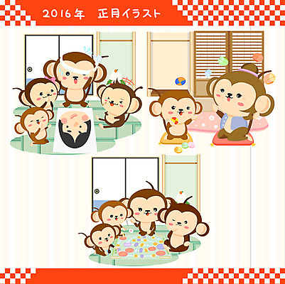 동물 일러스트 근하신년 새해 방석 사람없음 세트 전통놀이 원숭이띠 원숭이 원숭이캐릭터 공기놀이 2016년 병신년 국내일러스트 AI파일 전통 동물캐릭터 포유류 놀이 십이지신 연도 파일형식 벡터