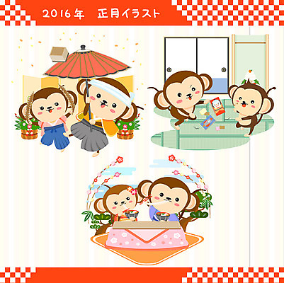 동물 일러스트 우산 근하신년 새해 사람없음 세트 전통놀이 원숭이띠 원숭이 원숭이캐릭터 2016년 코타츠 오조우니 병신년 국내일러스트 AI파일 전통 동물캐릭터 포유류 놀이 십이지신 연도 난방용품 일본음식 파일형식 벡터