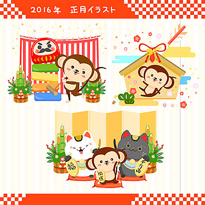 동물 일러스트 근하신년 새해 사람없음 세트 원숭이띠 원숭이 원숭이캐릭터 2016년 다루마 마네키네코 에마 병신년 국내일러스트 AI파일 동물캐릭터 포유류 십이지신 연도 일본전통 파일형식 벡터