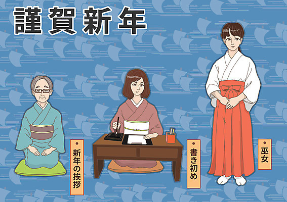 여자 노년 일본문화 일러스트 서예 근하신년 새해 방석 성인 세명 일본 새해인사 기모노 책상 일본전통 서예용품 무당 무당옷 서예붓 국내일러스트 AI파일 동양문화 한국전통 전통 옷 아시아 외국문화 가구 문구용품 사람 인사 붓 일본전통의상 파일형식 벡터