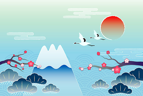 백그라운드 일본문화 일러스트 근하신년 새해 풍경 사람없음 태양 학 소나무 연하장 매화 후지산 신년카드 국내일러스트 AI파일 자연요소 나무 동양문화 꽃 외국문화 조류 산 카드_감사 일본 세계문화유산 파일형식 벡터