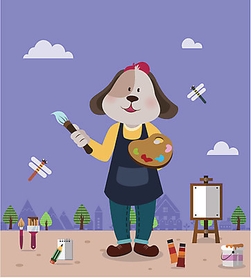 나무 동물 구름 직업 캐릭터 동물캐릭터 일러스트 사람없음 건물 연필 공책 앞치마 페인트 물감 붓 팔레트 플랫 강아지 잠자리 이젤 화가 화가모자 일러캐릭터 AI파일 자연요소 식물 모자_잡화 건축물 곤충 문구용품 학용품 반려동물 필기구 미술도구 개 파일형식 벡터