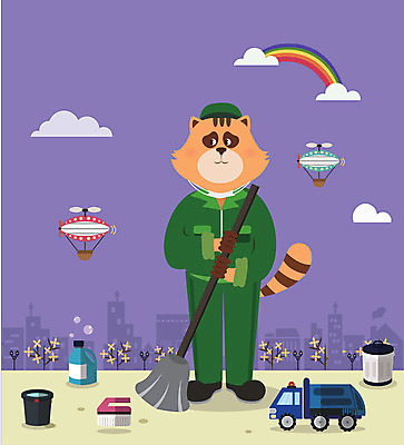 동물 구름 직업 캐릭터 동물캐릭터 무지개 가로등 일러스트 사람없음 건물 쓰레기통 열기구 플랫 개나리 청소도구 빗자루 너구리 청소부 청소차 일러캐릭터 AI파일 자연요소 건축물 공공시설 꽃 포유류 항공교통 도구 청소 특수차량 파일형식 벡터