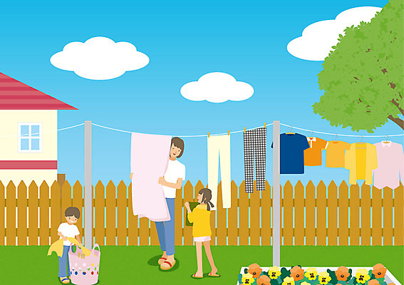 주간 나무 구름 옷 여자 남자 꽃 딸 아들 어린이 일러스트 가족 엄마 주택 성인 야외 세명 울타리 바구니 빨래 빨랫줄 화단 빨래널기 빨래대 국내일러스트 AI파일 자연요소 식물 줄 가사 관계 사람 건물 담장 파일형식 벡터
