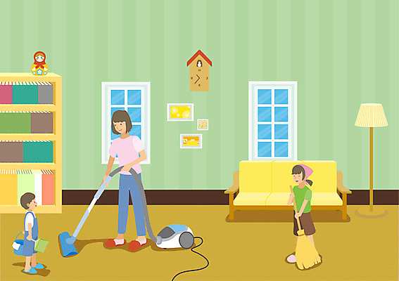 여자 남자 딸 아들 어린이 인형 액자 일러스트 창문 가족 엄마 책장 실내 성인 세명 소파 스탠드 빗자루 청소 청소기 뻐꾸기시계 국내일러스트 AI파일 시계 가구 의자 관계 조명 사람 내부 전자제품 청소도구 파일형식 벡터