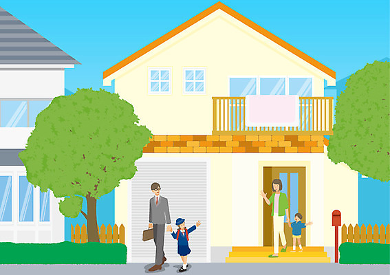 주간 나무 여자 남자 딸 교복 아들 어린이 일러스트 가족 엄마 주택 여러명 성인 야외 울타리 우체통 아빠 출근 등교 배웅 국내일러스트 AI파일 자연요소 식물 옷 다수 관계 사람 건물 담장 출퇴근 등하교 파일형식 벡터