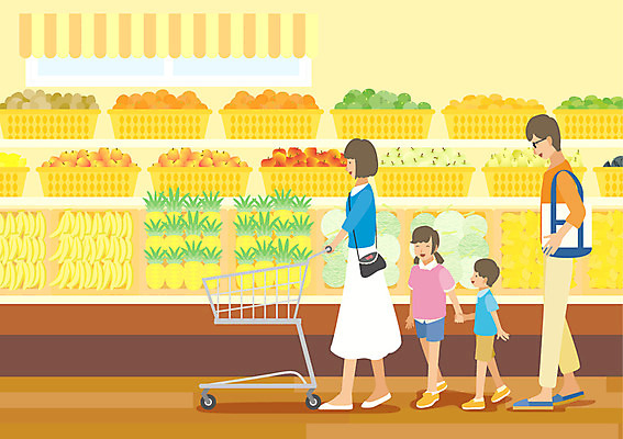 여자 남자 딸 아들 어린이 가방 일러스트 가족 엄마 바나나 실내 여러명 성인 장보기 카트 아빠 사과 멜론 파인애플 과일코너 식료품점 국내일러스트 AI파일 잡화 다수 과일 관계 사람 내부 상점 코너 열대과일 파일형식 벡터