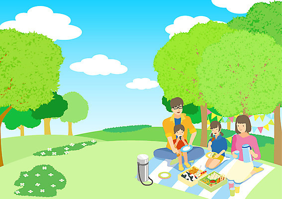 주간 나무 구름 접시 공원 여자 남자 딸 아들 어린이 일러스트 가족 엄마 여러명 성인 야외 소풍 아빠 돗자리 도시락 피크닉용품 국내일러스트 자연요소 식물 식기 공공시설 음식 다수 관계 사람 야외활동