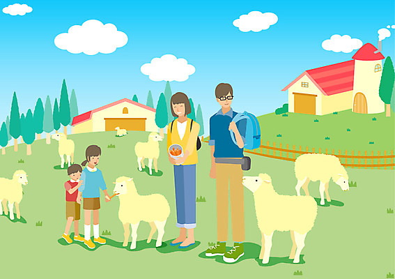 주간 나무 구름 여자 남자 딸 아들 어린이 일러스트 배낭 가족 엄마 여러명 성인 야외 건물 울타리 목장 양 아빠 먹이 양떼 양떼목장 국내일러스트 AI파일 자연요소 식물 건축물 다수 가방 포유류 관계 사람 담장 파일형식 벡터
