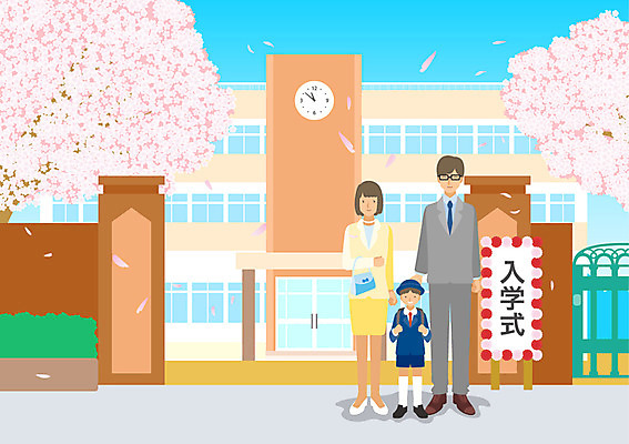 주간 여자 남자 교복 아들 어린이 일러스트 학교 가족 엄마 성인 야외 세명 봄 벚꽃 아빠 입학식 교문 국내일러스트 AI파일 자연요소 옷 계절 교육 꽃 관계 사람 파일형식 벡터