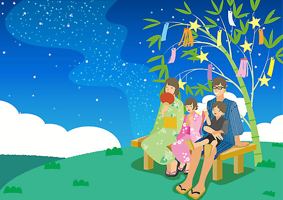 여자 남자 딸 별 아들 어린이 일러스트 가족 밤하늘 엄마 여러명 성인 야외 부채 아빠 야간 대나무 칠석 유카타 국내일러스트 AI파일 자연요소 나무 명절 다수 관계 하늘 사람 일본전통의상 파일형식 벡터