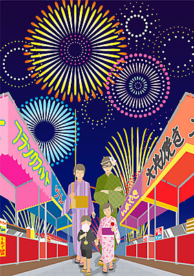 여자 남자 딸 아들 어린이 일러스트 가족 엄마 거리 불꽃놀이 여러명 성인 야외 여름 축제 아빠 야간 가판대 유카타 국내일러스트 AI파일 자연요소 계절 다수 관계 놀이 사람 일본전통의상 파일형식 벡터