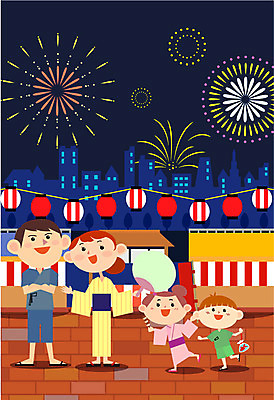 여자 남자 어린이 일본문화 일러스트 가족 불꽃놀이 빌딩 여러명 성인 야외 건물 축제 부채 야간 노점상 유카타 국내일러스트 AI파일 자연요소 동양문화 건축물 외국문화 다수 관계 놀이 사람 일본전통의상 파일형식 벡터