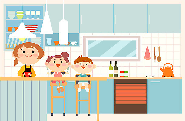 여자 남자 어린이 일러스트 가족 주전자 조명 실내 성인 세명 주방 식기도구 국내일러스트 AI파일 식기 관계 주방용품 사람 내부 파일형식 벡터