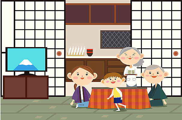 여자 노년 남자 어린이 일본문화 일러스트 가족 실내 여러명 성인 텔레비전 코타츠 국내일러스트 AI파일 동양문화 외국문화 다수 관계 사람 내부 전자제품 난방용품 파일형식 벡터