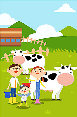 주간 구름 여자 남자 어린이 일러스트 가족 산 성인 야외 세명 바구니 목장 젖소 목장체험 국내일러스트 AI파일 자연요소 관계 사람 체험학습 소 파일형식 벡터