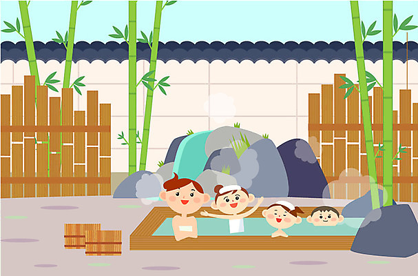 주간 여자 남자 어린이 일러스트 가족 여러명 성인 야외 수건 온천 바위 연기 대나무 노천온천 노천욕 국내일러스트 AI파일 자연요소 나무 다수 관계 사람 위생용품 스파 돌_바위 파일형식 벡터