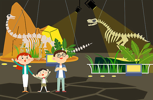 여자 남자 화분 어린이 일러스트 가족 조명 실내 성인 세명 박물관 화석 관람 국내일러스트 AI파일 관계 사람 내부 파일형식 벡터