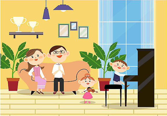 여자 남자 화분 어린이 악기 연주 일러스트 창문 가족 조명 선반 실내 여러명 성인 소파 커튼 건반 피아노 트로피 바이올린 약자 국내일러스트 AI파일 음악 가구 다수 의자 관계 현악기 사람 내부 건반악기 상_우승 파일형식 벡터