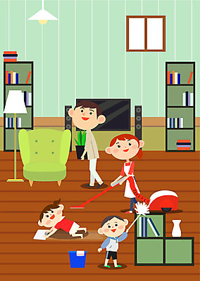 여자 남자 화분 어린이 거실 일러스트 창문 가족 조명 책장 실내 여러명 성인 책 소파 바구니 텔레비전 스탠드 먼지떨이 청소 청소기 걸레 걸레질 국내일러스트 AI파일 가구 다수 의자 관계 사람 내부 전자제품 청소도구 파일형식 벡터