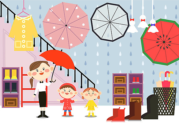 여자 남자 어린이 일러스트 우산 가족 집안 실내 장화 성인 세명 계단 우비 신발장 우산꽂이 국내일러스트 AI파일 옷 신발 관계 사람 내부 꽂이 파일형식 벡터